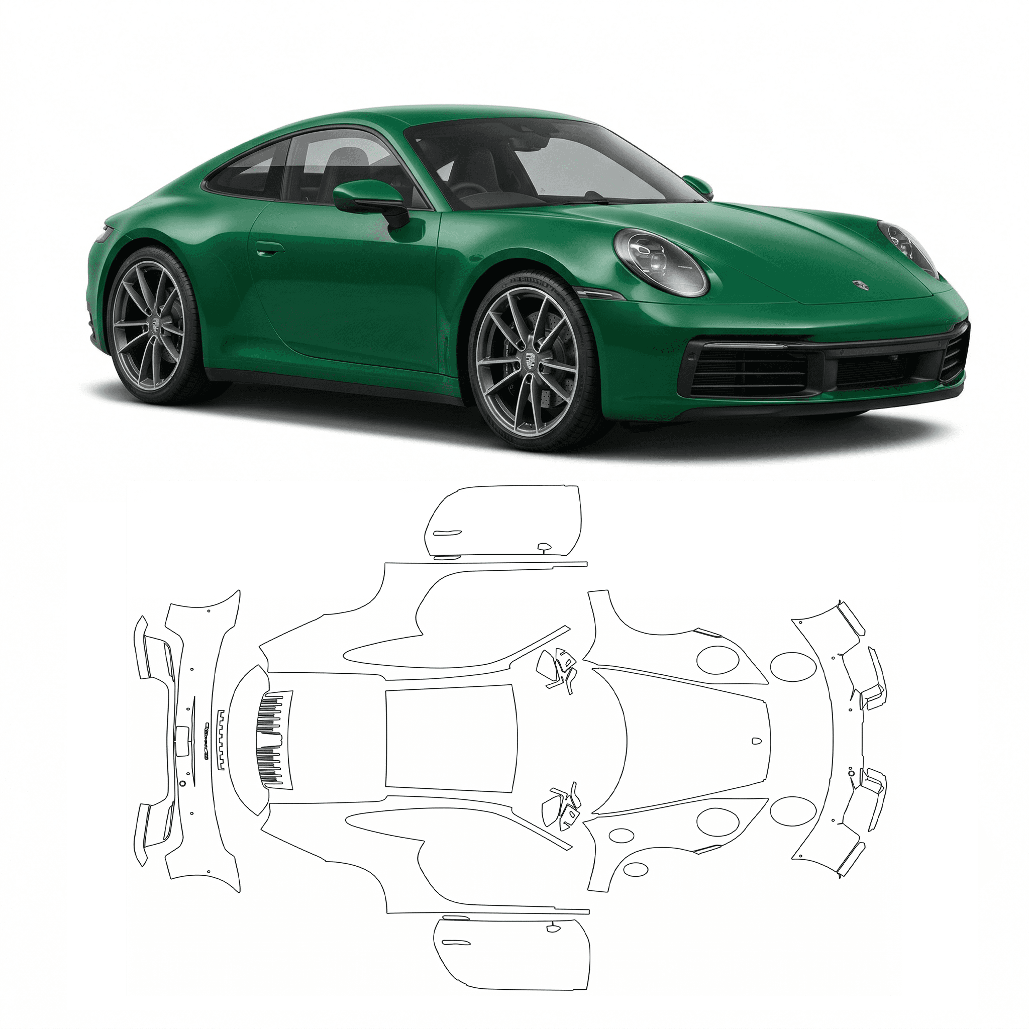 Teljes felületén zöld színnel kiemelt Porsche 911 modell, amely a Nortek 'Teljes autó' prémium karosszériavédő fólia (PPF) csomagját ábrázolja. Az alsó robbantott ábra részletezi a 100%-os gyári fényezést megóvó, karcmentes bevonatot kapó elemeket.