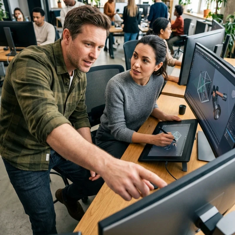 Équipe de créatifs en agence analysant des modélisations 3D et des structures graphiques sur plusieurs écrans, illustrant notre expertise en Production audiovisuelle pour créer des contenus visuels qui simplifient la complexité.
