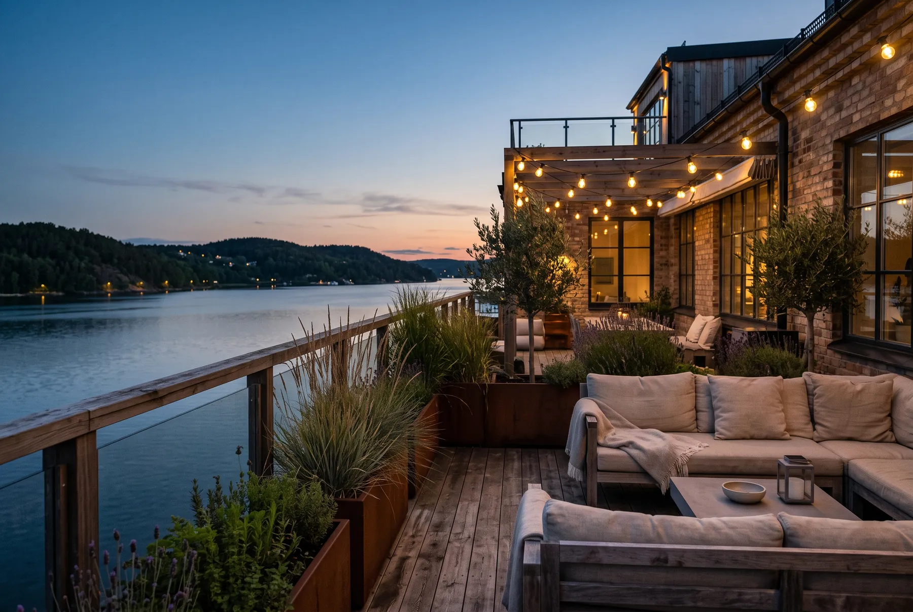 Private roof terrace with planters and outdoor sofas above a calm harbor at dusk