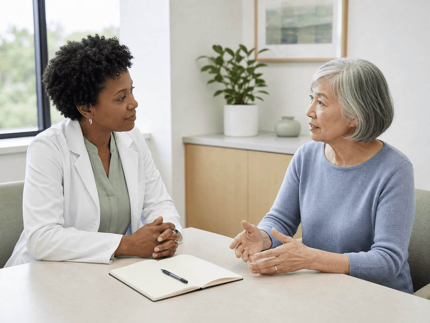 A clinician listens to a visitor across a consultation table, with an open blank notebook between them. AI-generated demo scene.