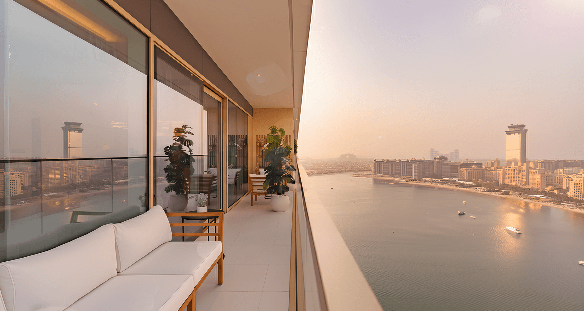 Das Bild zeigt das luxuriöse Interieur eines Apartments mit einem atemberaubenden Panorama-Meerblick auf die Strände von Dubai. Im Hintergrund sind die markanten Gebäude der Skyline sowie der Burj Al Arab zu sehen, die eine perfekte Kulisse für einen entspannten Strandurlaub an Jumeirah Beach bieten.
