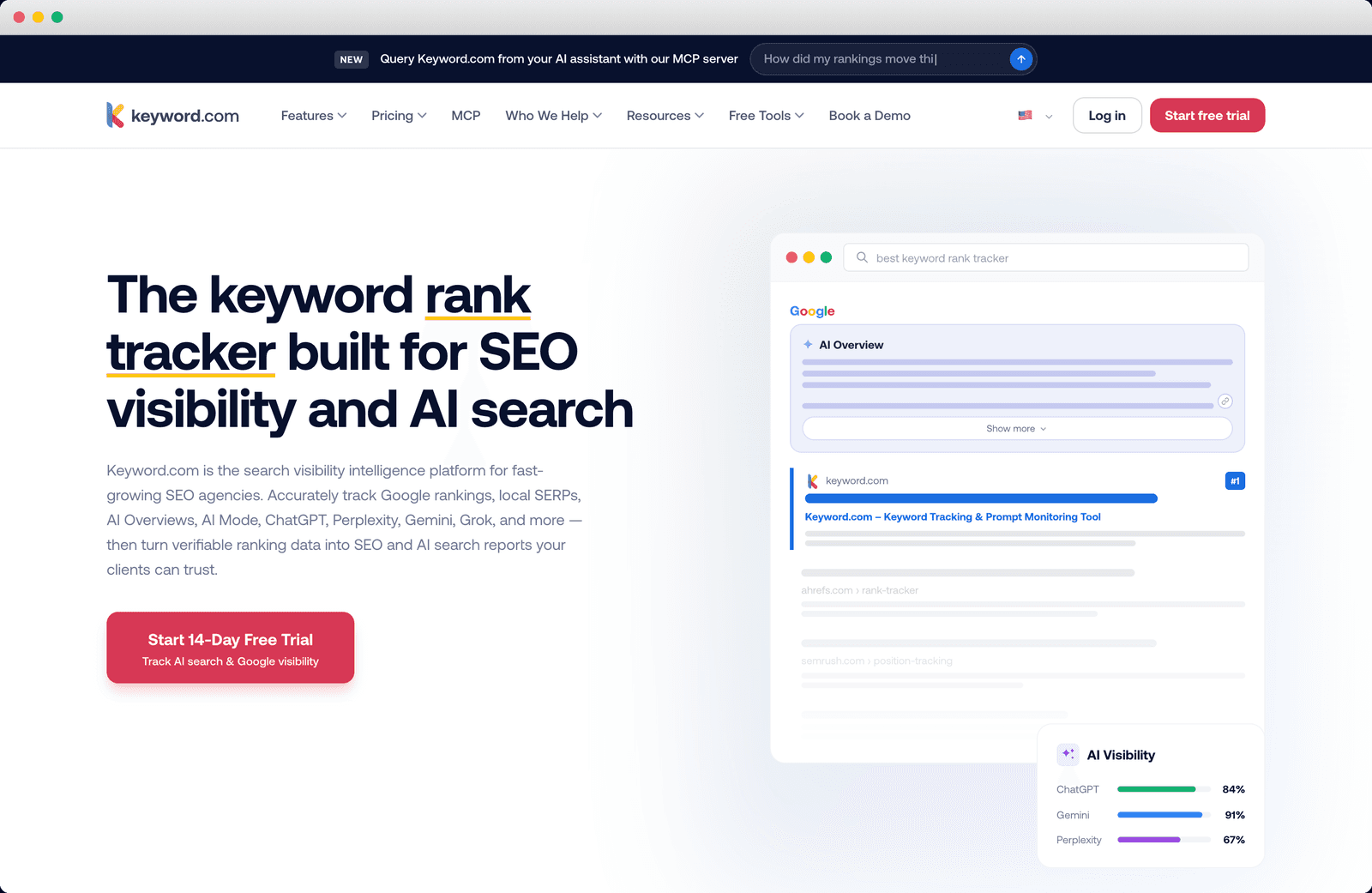Keyword.com homepage, rank tracking hero