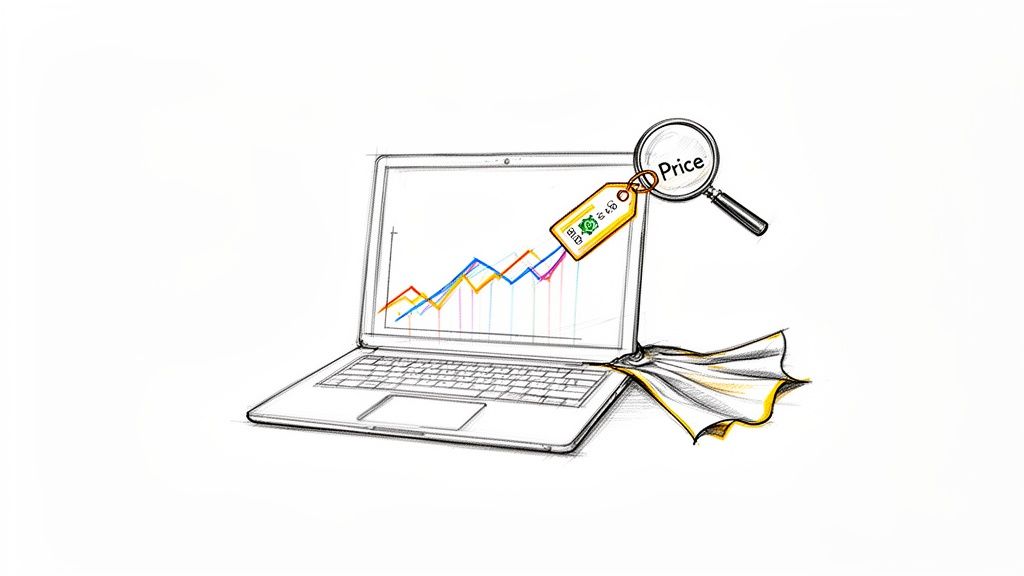 Hand-drawn laptop with a rising graph, a price tag, and a magnifying glass, depicting price monitoring.