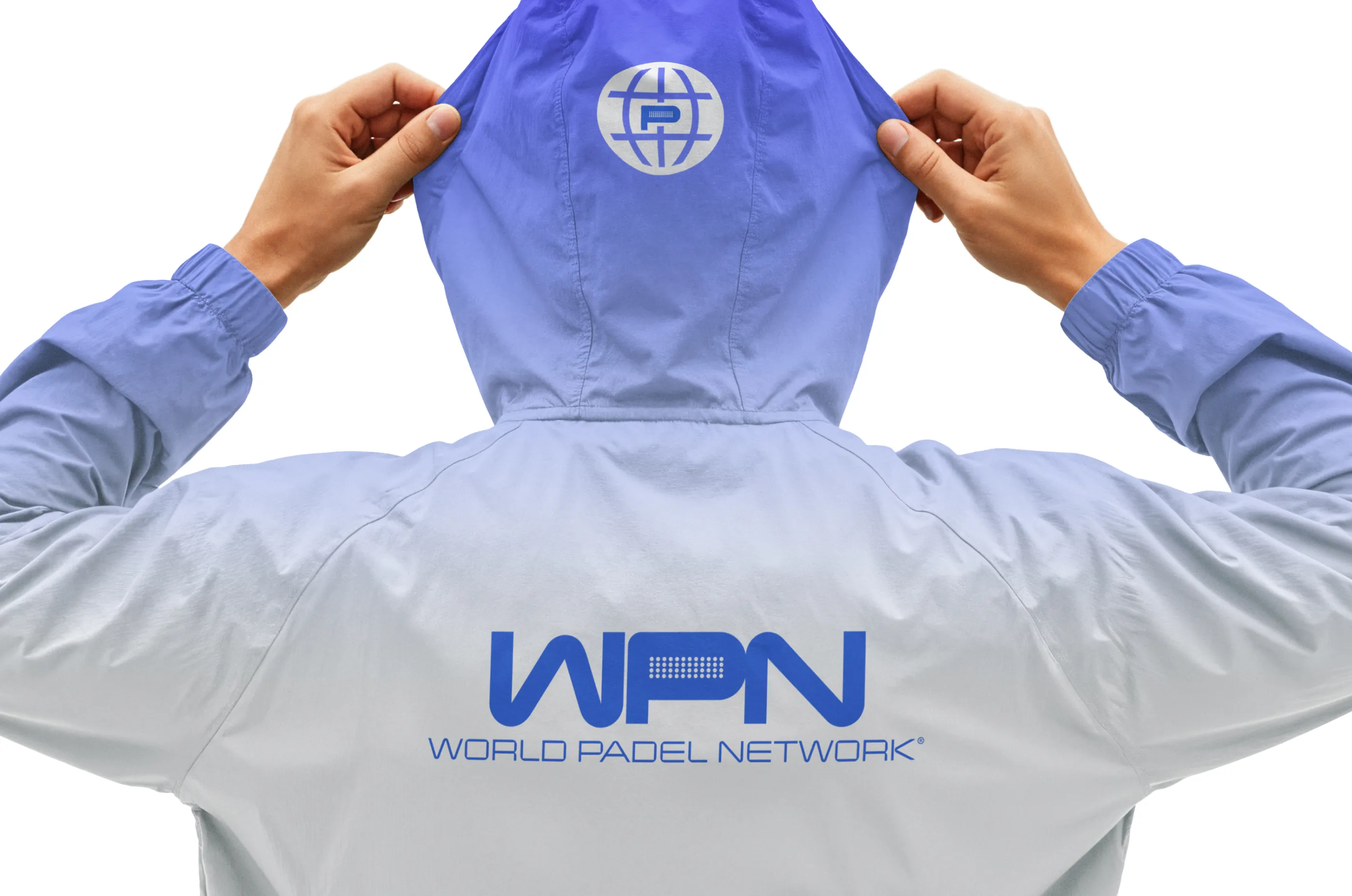 World Padel Network — Blue and white hoodie with WPN logo across the back — Branded apparel