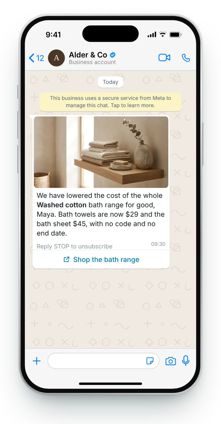 A whole range repriced for good: WhatsApp price drop message on an iPhone