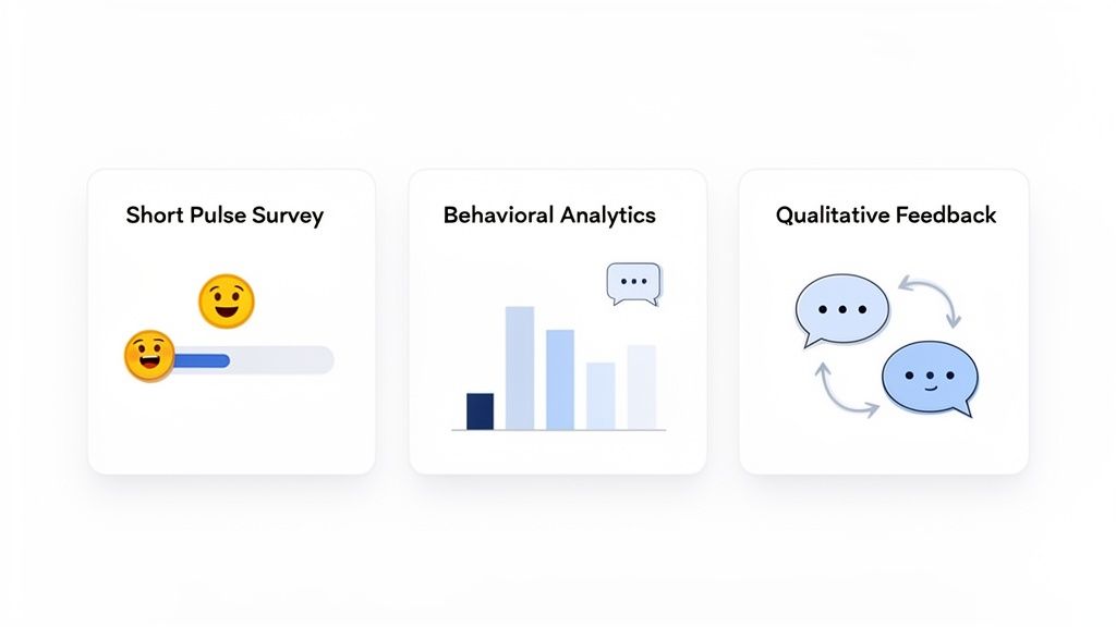 Three cards illustrating employee engagement measurement: short pulse surveys, behavioral analytics, and qualitative feedback.