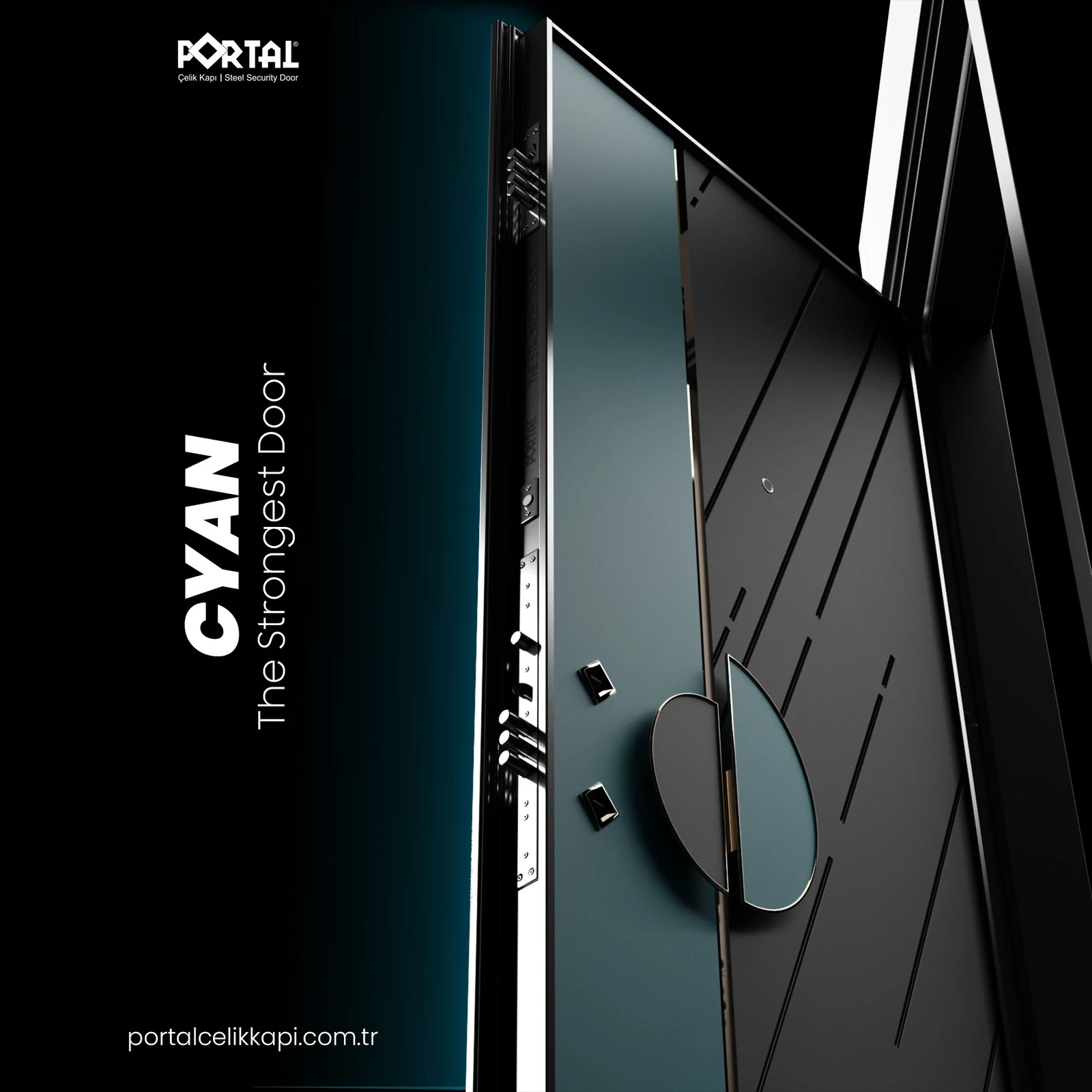 Dark product visualisation of the Portal Door Cyar steel security door with geometric surface details.