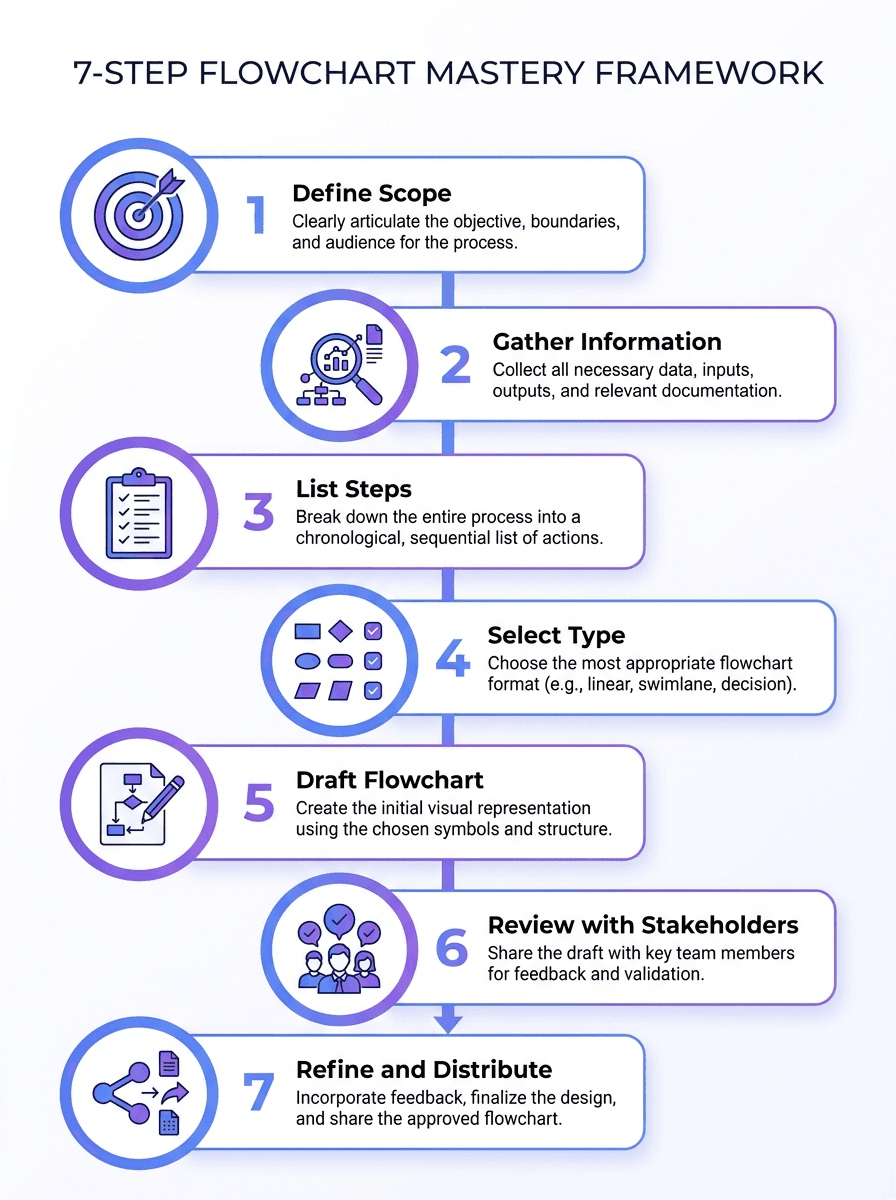 Infographic showing the seven steps of the Flowchart Mastery Framework from defining scope to refining and distributing