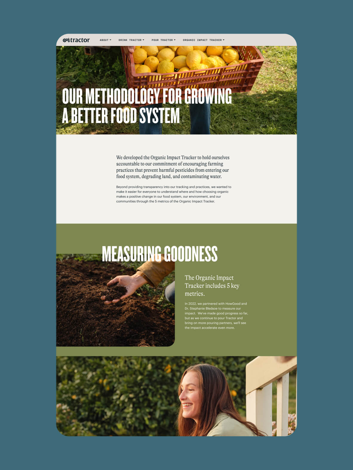 Page of the Tractor Beverage site with headline "Our methodology for Growing a Better Food System"