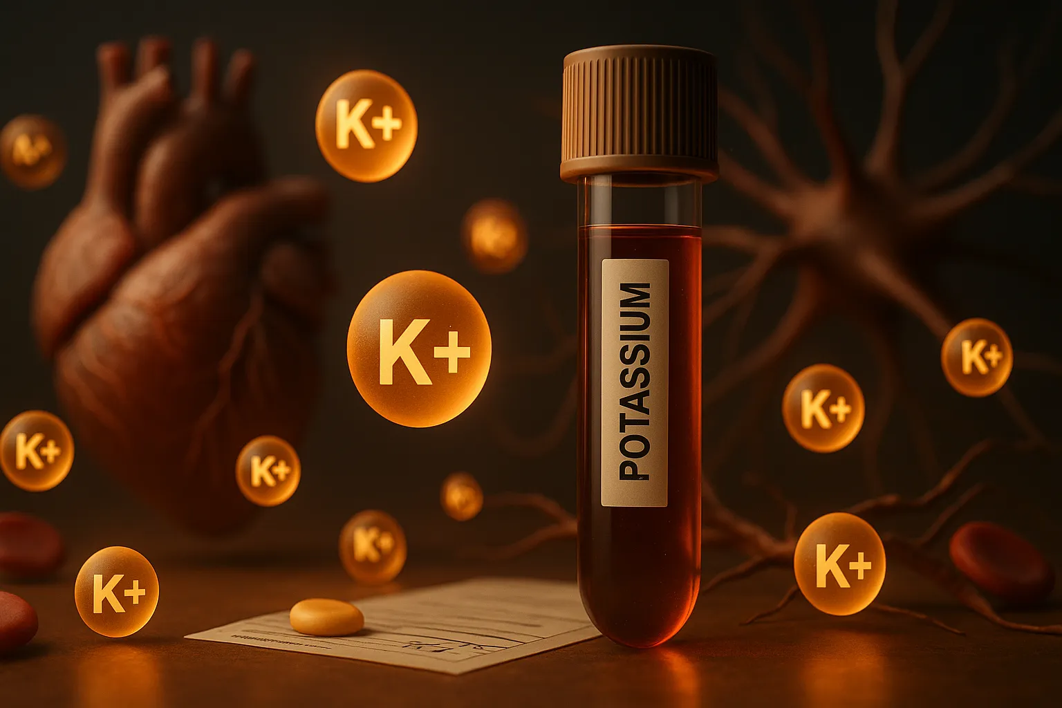 Potassium: Blood tube labeled potassium surrounded by glowing K+ ions with a heart and neuron in the background.