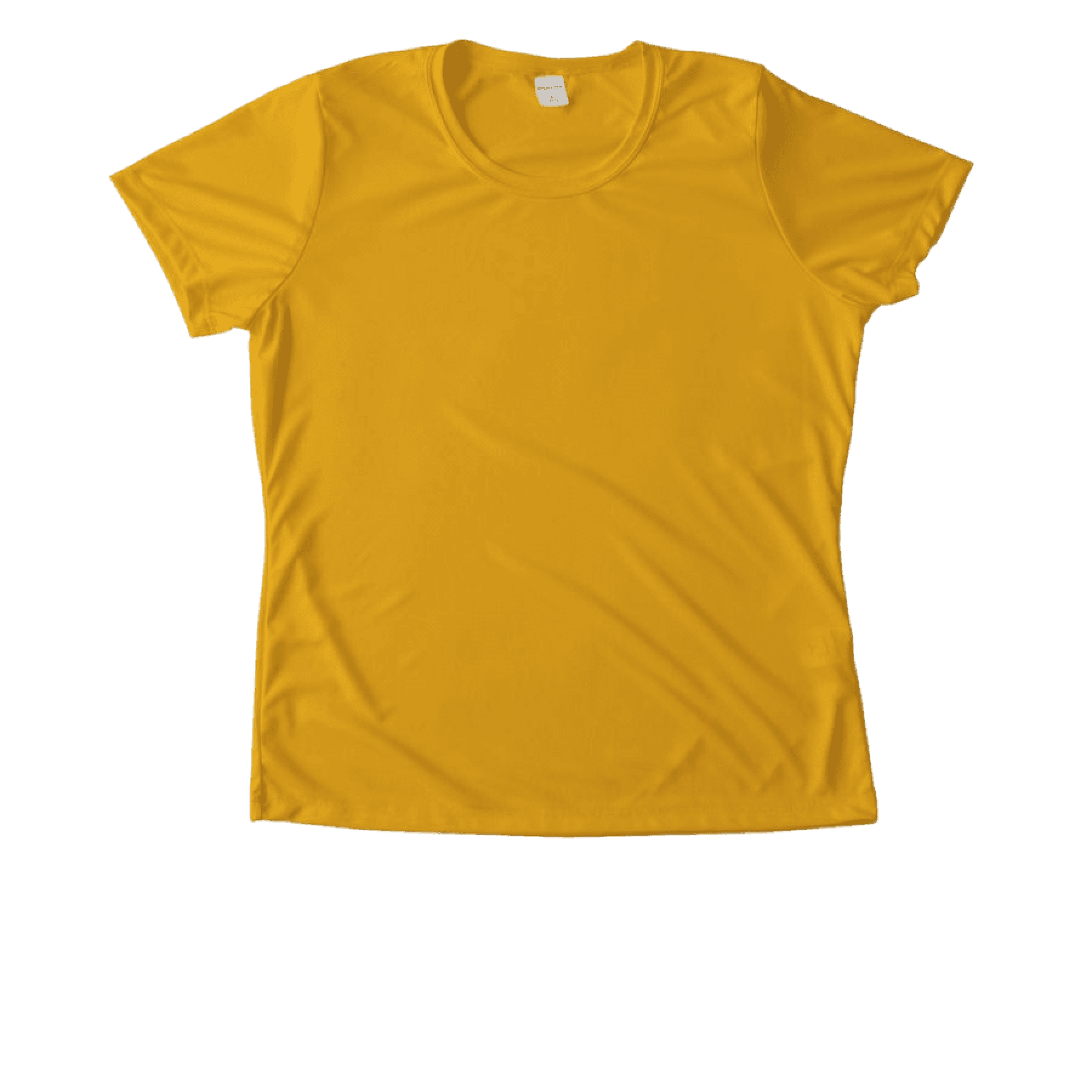 A vibrant yellow women's performance t-shirt, made of soft, breathable fabric, with a round neckline and short sleeves, laid flat on a gray background.