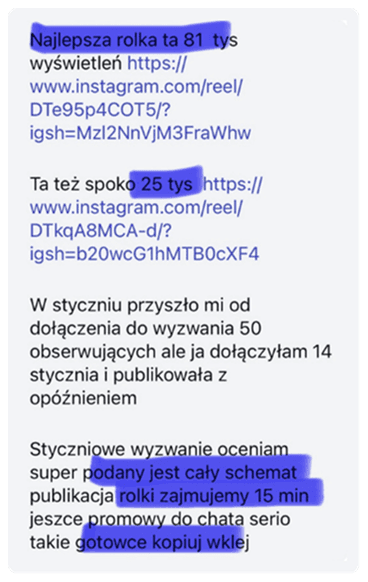 Biznes na Insta – opinia o wyzwaniu publikacji rolek, które pomogło uczestniczce określić niszę, uporządkować komunikację i osiągnąć największe dotąd zasięgi – mimo wcześniejszego udziału w różnych kursach i szkoleniach.