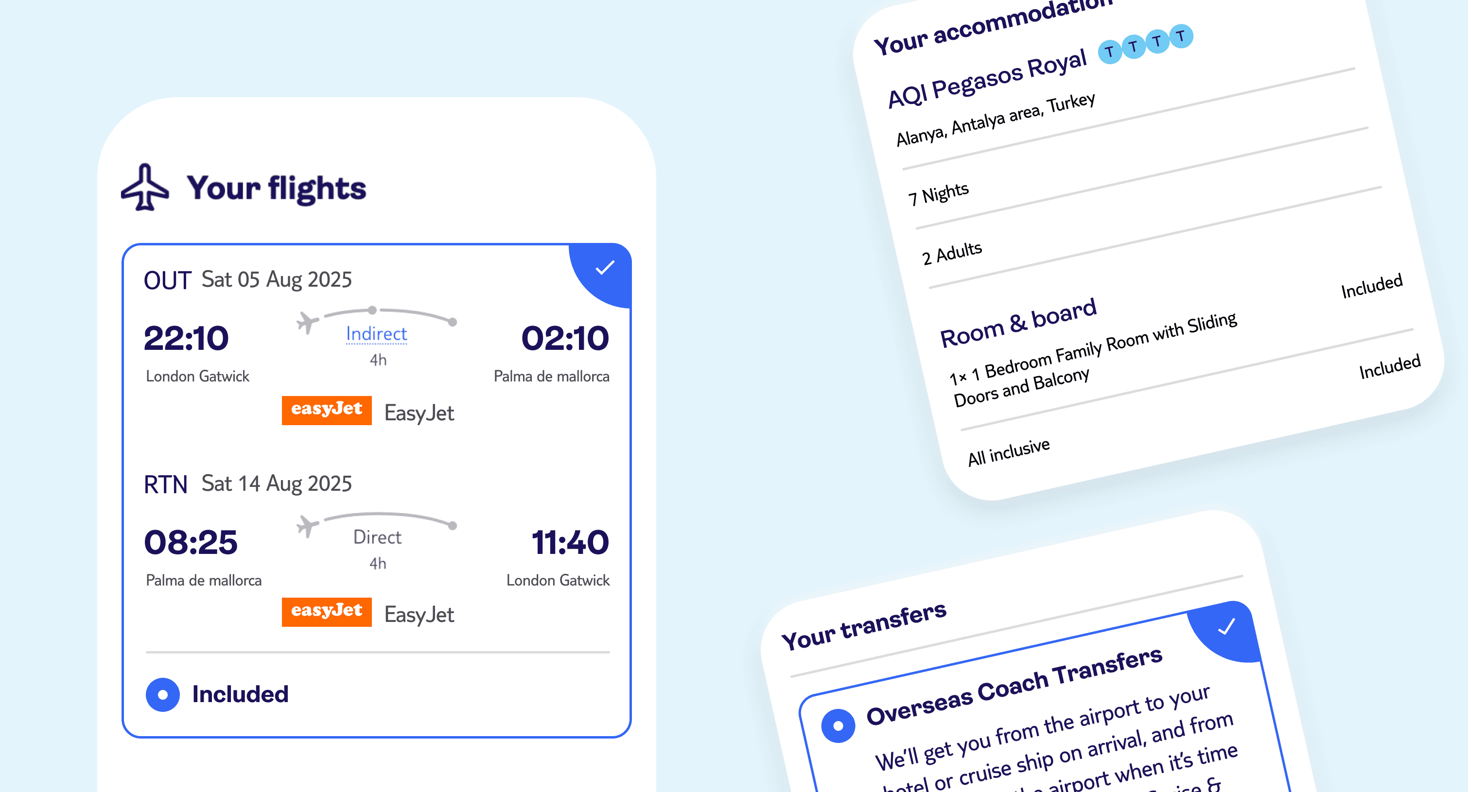 Example of a 3rd party flight card, as well as examples of room and board information, and Transfer information.
