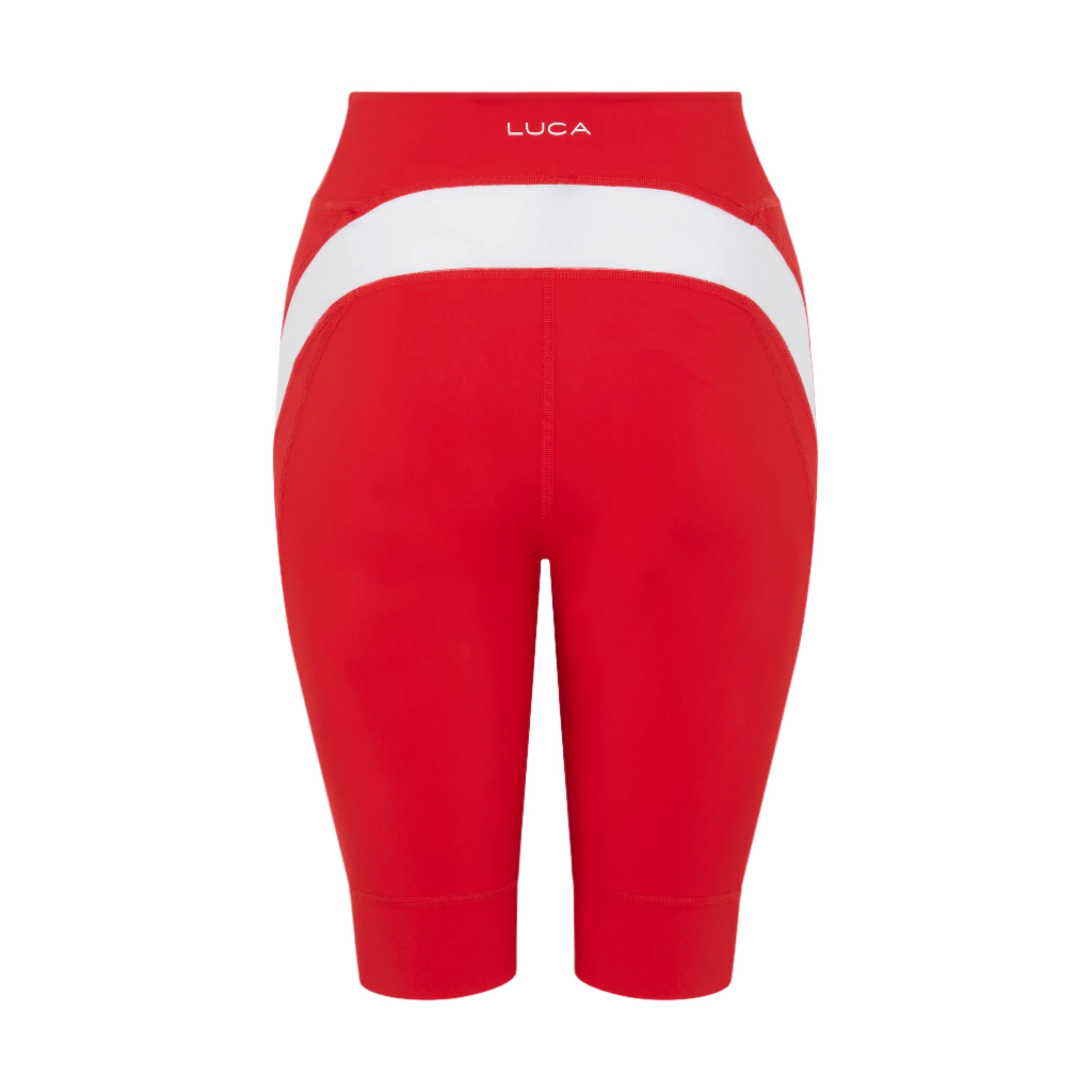 Back-view-of-bright-red-high-waisted-biker-shorts-with-a-wide- white-contrast-band-across-the- waist-and-angled-white-side-panels- LUCA-brand-cycling-shorts
