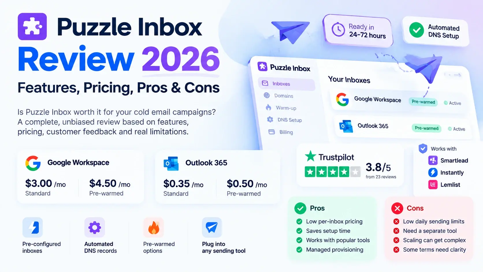 Puzzle Inbox review 2026 covering email infrastructure features, pricing, pre-warmed inboxes, and pros and cons