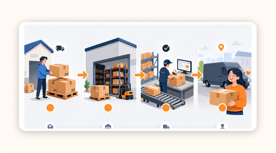 FBA process showing shipping, storage, dispatch and customer delivery