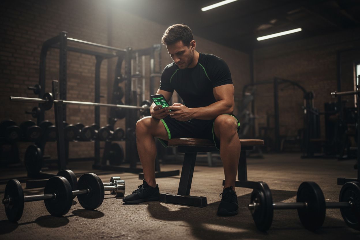 A person checking a workout log on a phone in a gym