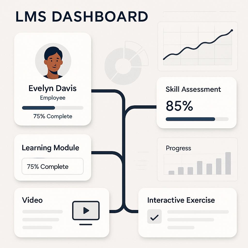 A sophisticated, clean digital interface representing an advanced Learning Management System (LMS) dashboard. The central focus is an employee profile with personalized learning modules branching out, clearly indicating progress, skill assessments, and curated content (e.g., videos, articles, interactive exercises). Data analytics graphs showing individual and overall progress are subtly integrated into the background. The visual should convey efficiency, customization, and data-driven insights, highlighting how an LMS serves as the central hub for tailoring learning experiences, with a modern, professional, and slightly abstract style.