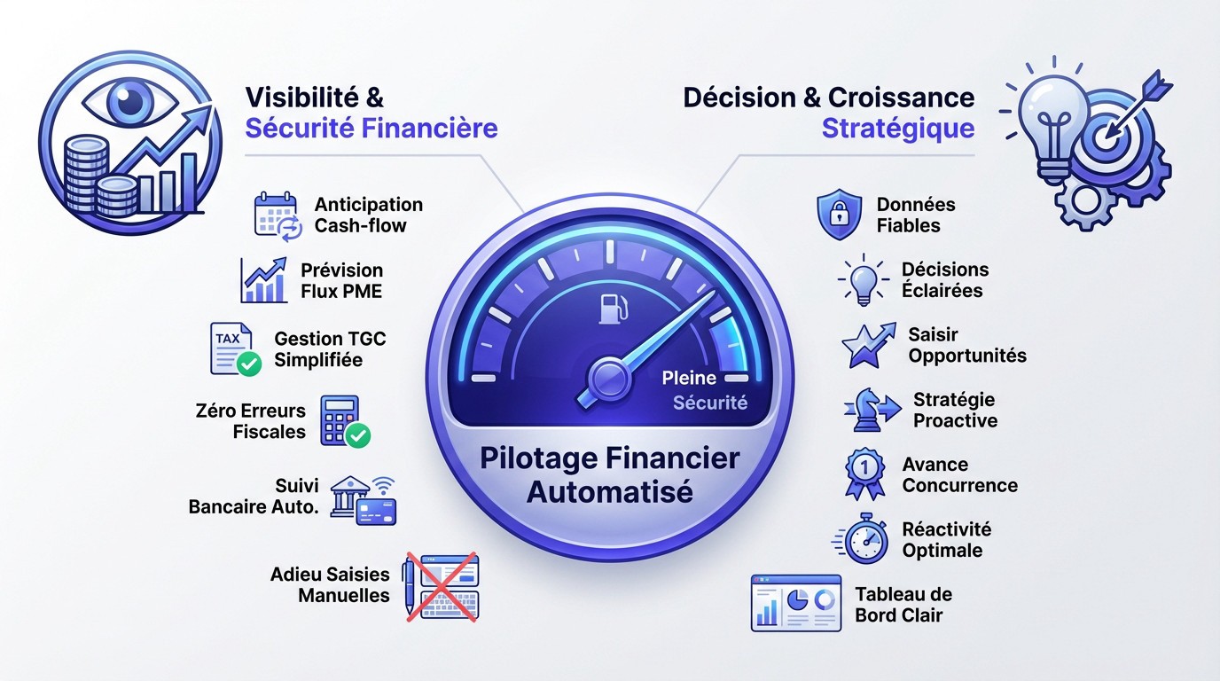 Interface de pilotage financier automatisé montrant des indicateurs de trésorerie pour une entreprise de Nouméa