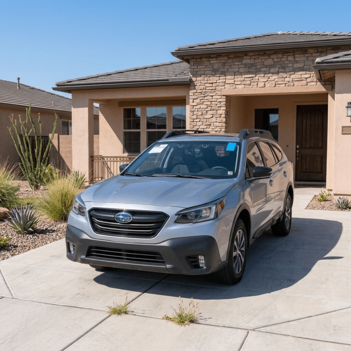 Silver Subaru Outback Touring with a gleaming replacement windshield outside a Maricopa, AZ adobe-style home