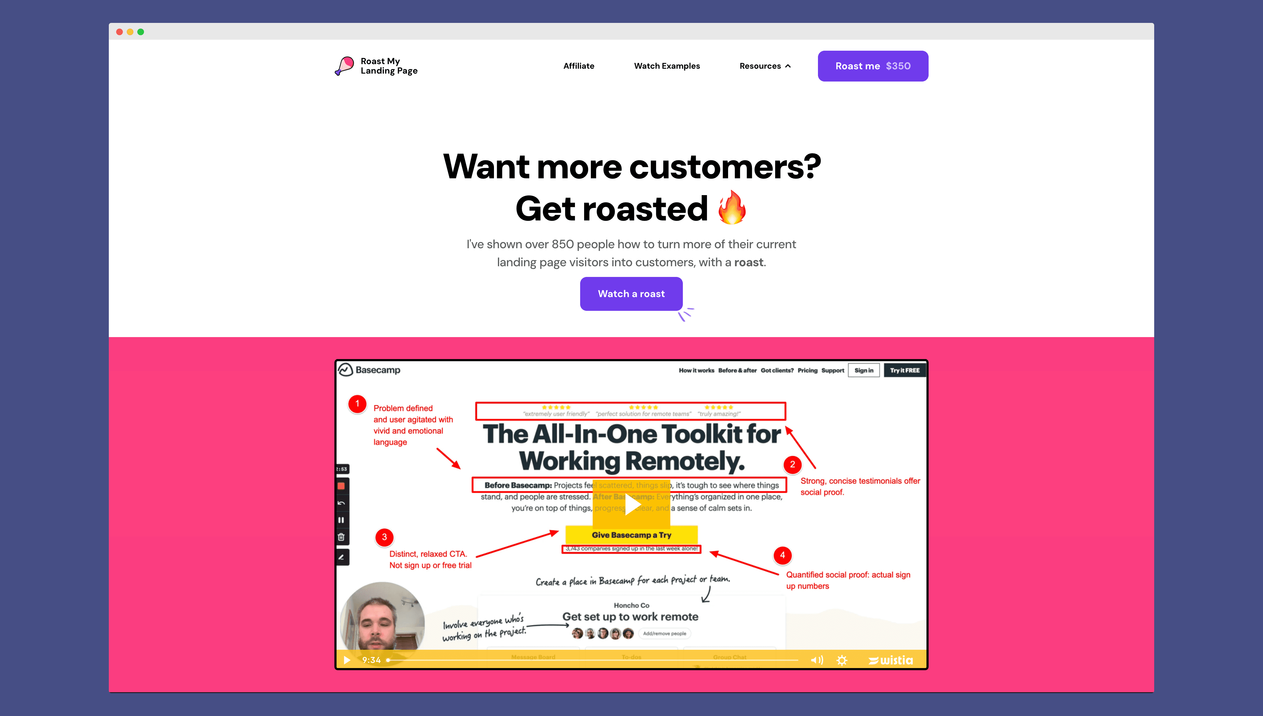 A screenshot of roast my landing page's landing page