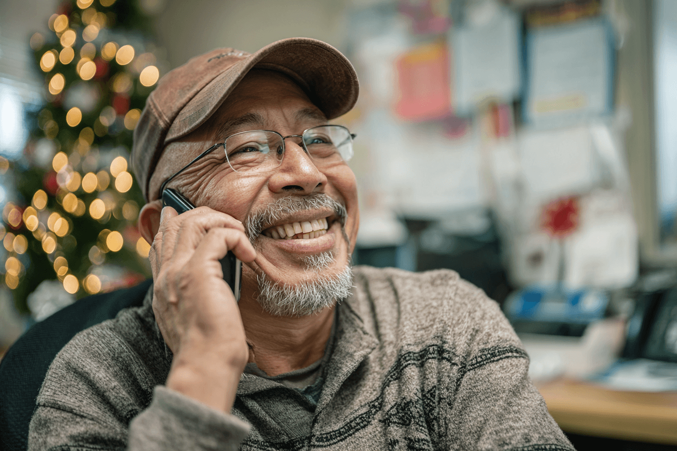 a home care agency operator (male, 50s) talking on his cell phone and smiling in his caregiving agency office, which is decorated for the holidays