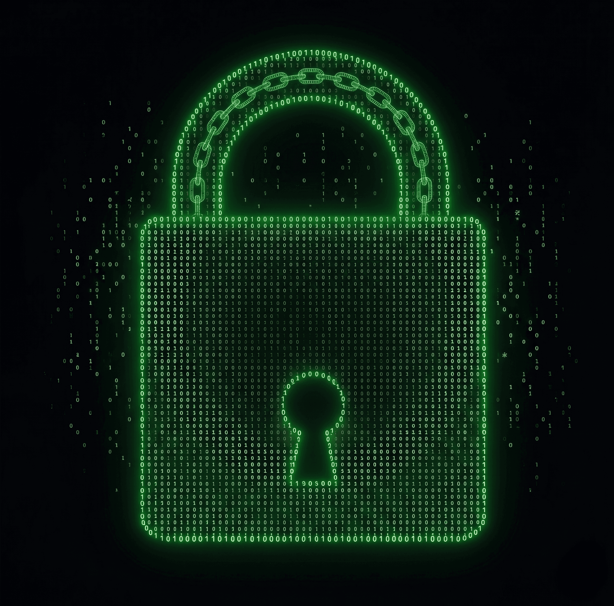 Padlock made of green dots, with a single glowing scan line sweeping across it vertically.