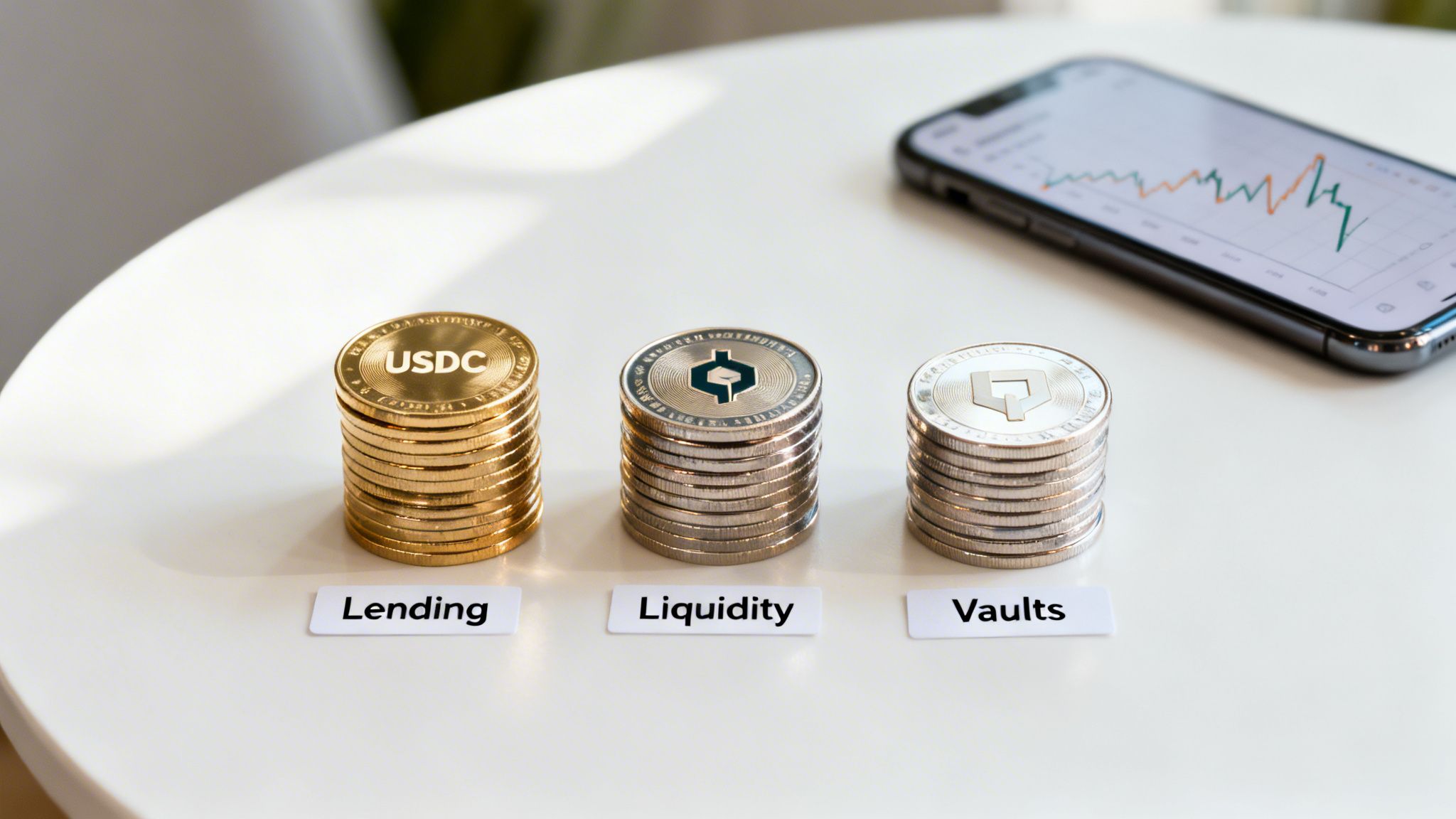 Three stacks of crypto coins labeled Lending, Liquidity, and Vaults on a table with a financial chart on a smartphone.