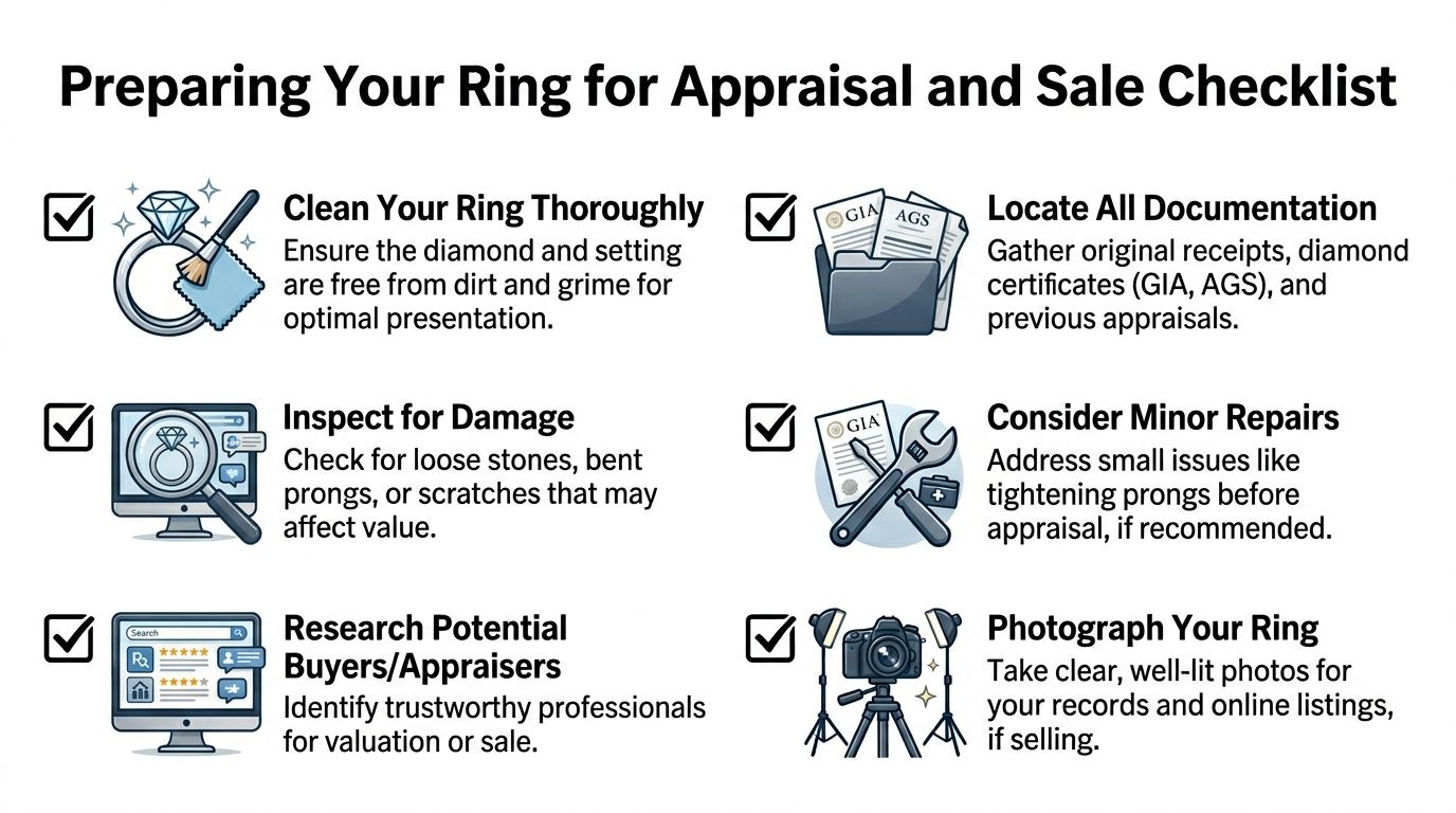 A checklist for preparing a diamond ring for appraisal and sale, including cleaning, documentation, and inspections.