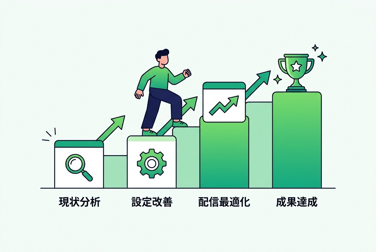 SmartNews広告運用の改善プロセス。現状分析→設定改善→配信最適化→成果達成の4ステップで、平均3ヶ月でCPA30%改善・ROAS50%向上を実現。特にニュース媒体特性を理解した設定変更が重要。