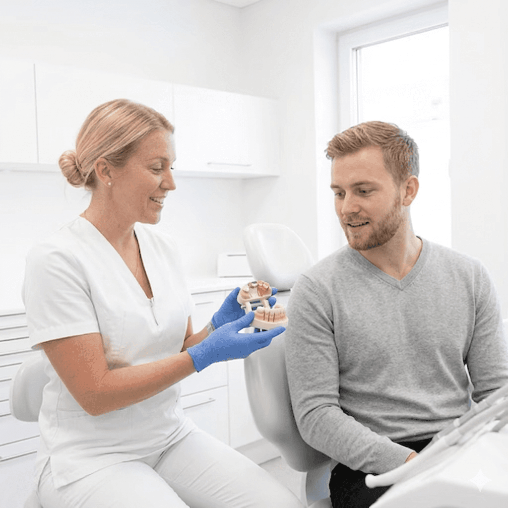 Dentist discussing dental crown treatment with a patient 