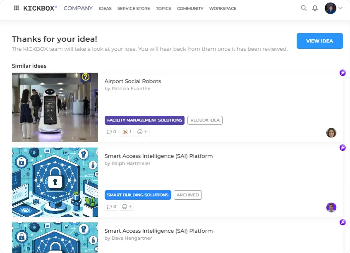Screenshot of the KICKBOX innovation platform showing a “Thanks for your idea!” confirmation page.