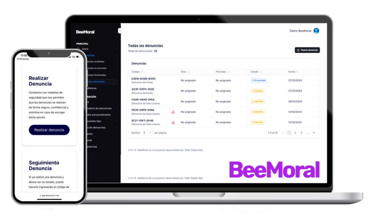 Interfaz de la plataforma BeeMoral para denuncias laborales anónimas y seguras, permitiendo seguimiento en tiempo real y cumplimiento legal.