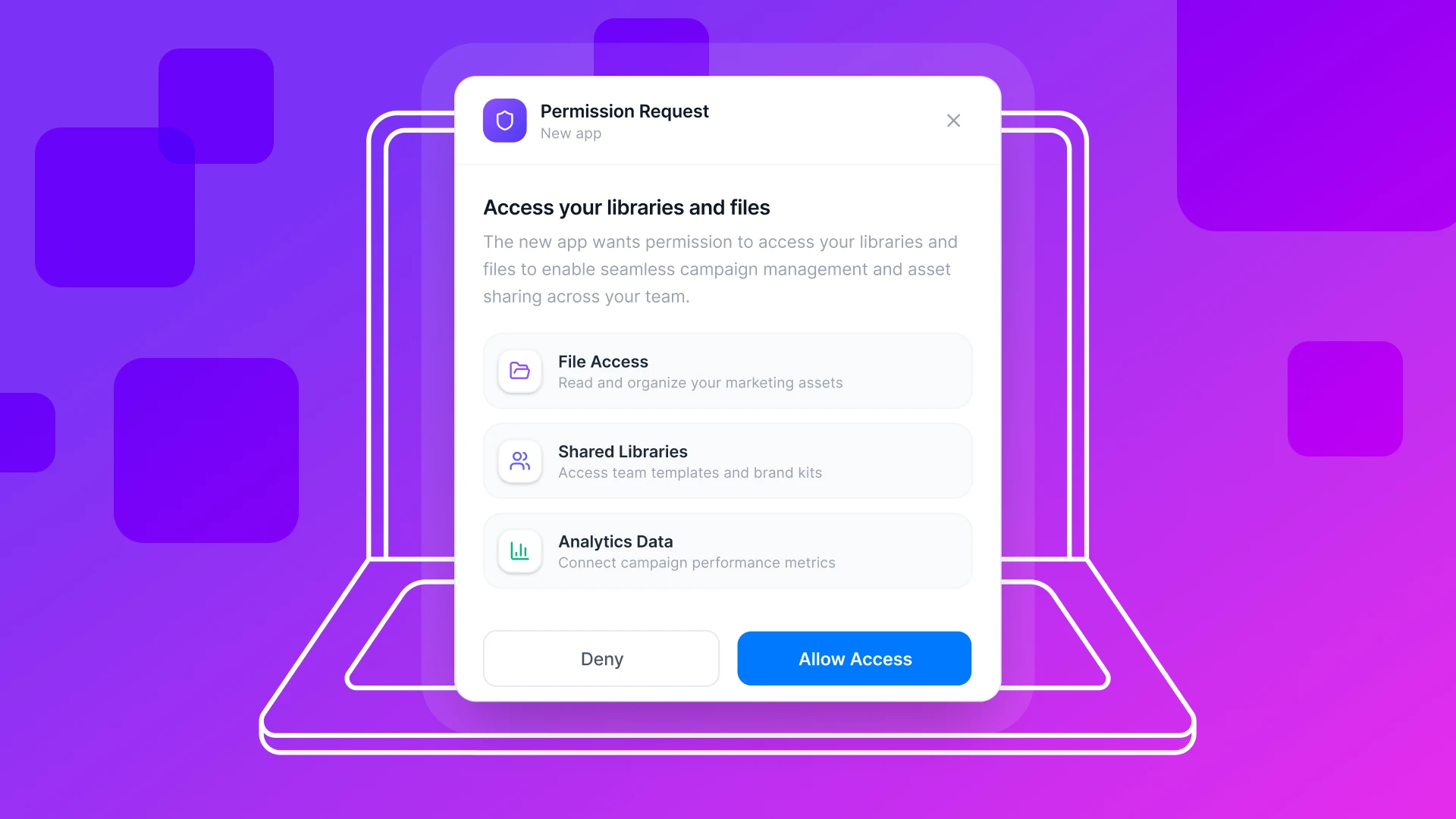 An illustration of a laptop showing a "Permission Request" pop-up for a new app asking for access to libraries, files, and analytics. Visualizes the hidden security risks of SaaS sprawl and the danger of unmanaged third-party app permissions for SMBs.