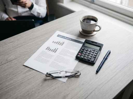 A printed report, a calculator and glasses on a grey desk