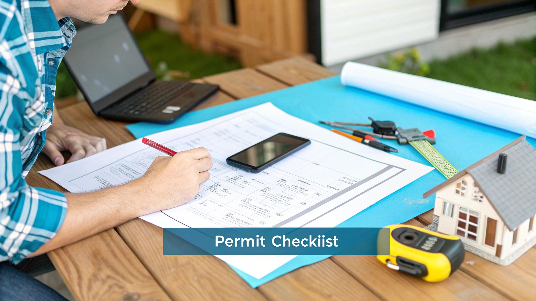 Person reviewing a permit checklist and architectural plans on a wooden table with a laptop and house model.