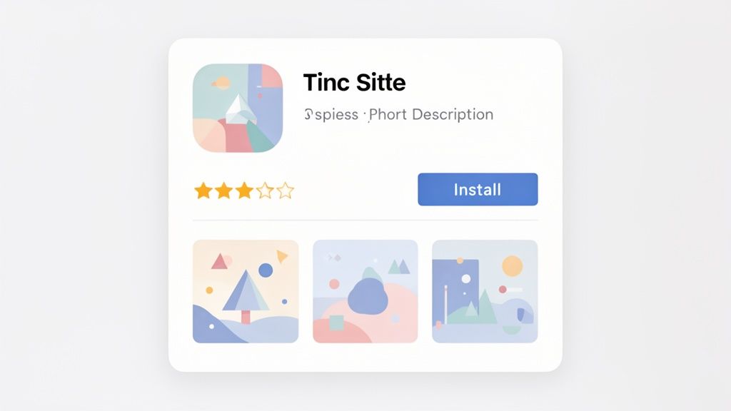 Mobile app store listing card for 'Tinc Sitte' app, showing icon, 3.5-star rating, install button, and three screenshots.
