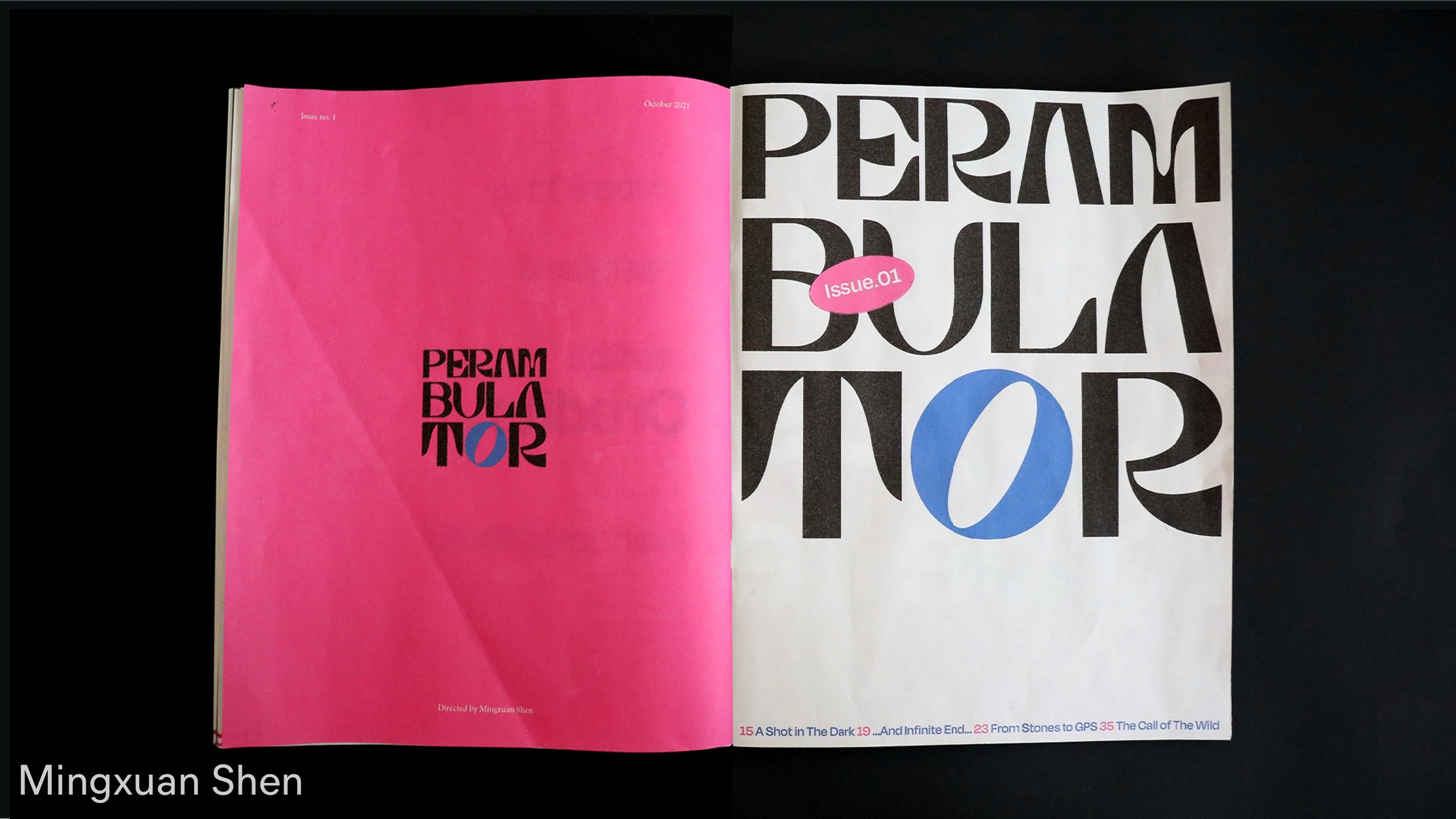 magazine cover in white and pink with black and blue text by Mingxuan Shen
