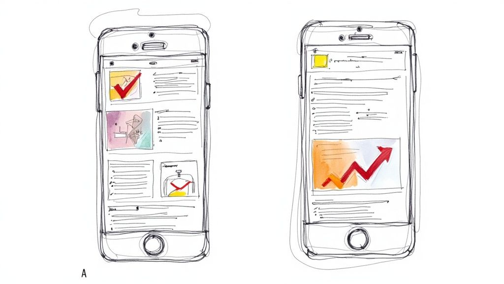 A/B testing concept with two different website versions being compared for performance.