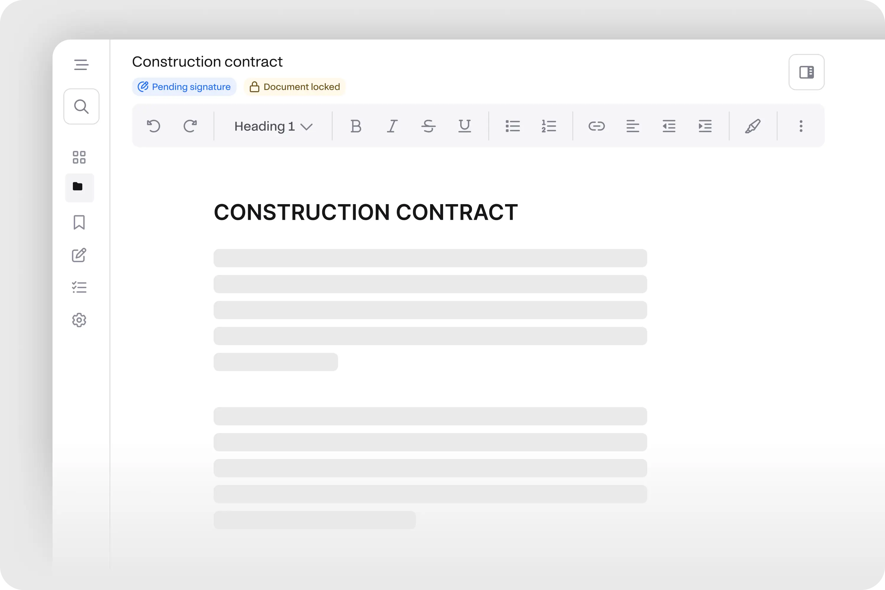 Pocketlaw interface showing a construction contract pending signature with document locked status.