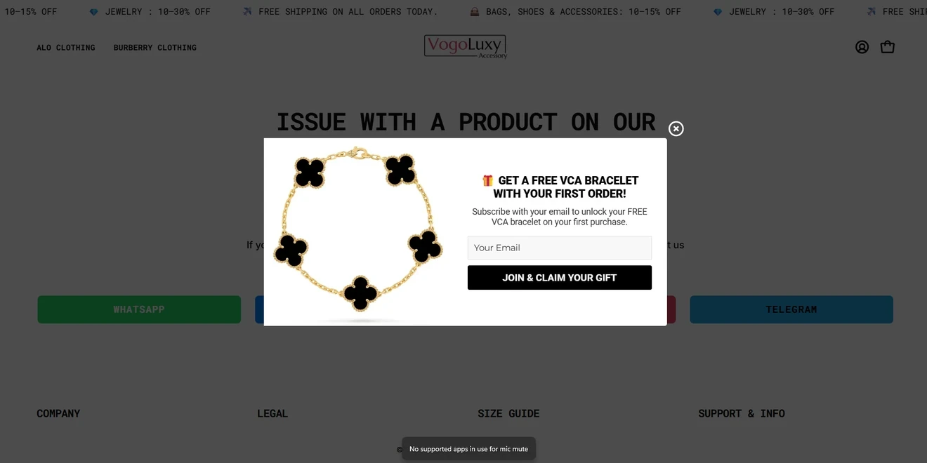 VogoLuxy newsletter signup popup offering a bracelet with the subscriber’s first order