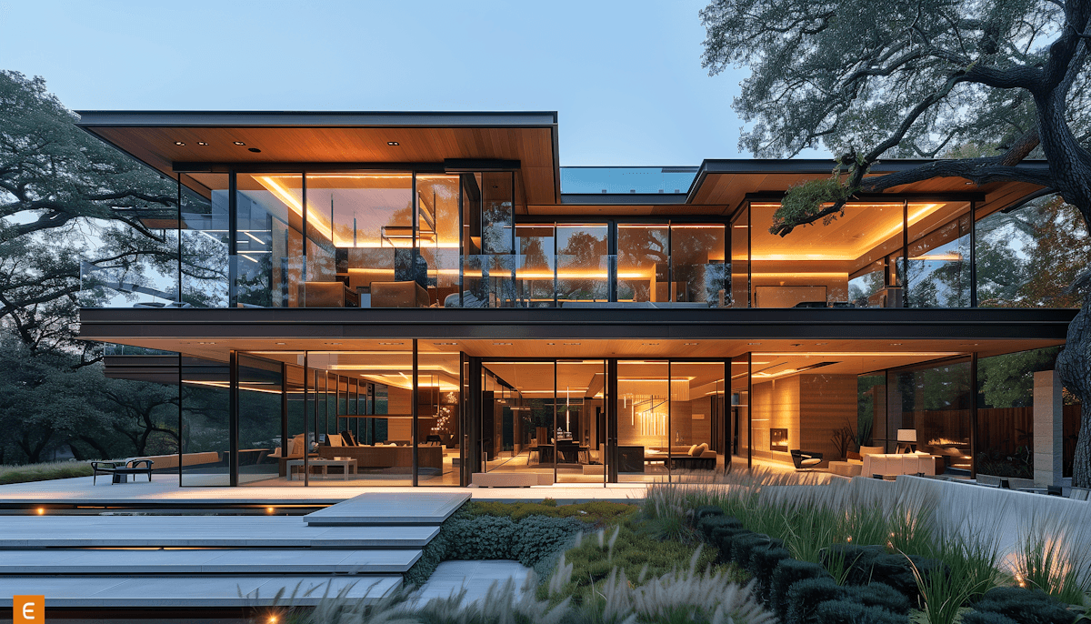 Modern two-story glass luxury villa at twilight, with warm interior lighting, landscaped gardens, large trees, and an expansive outdoor patio.