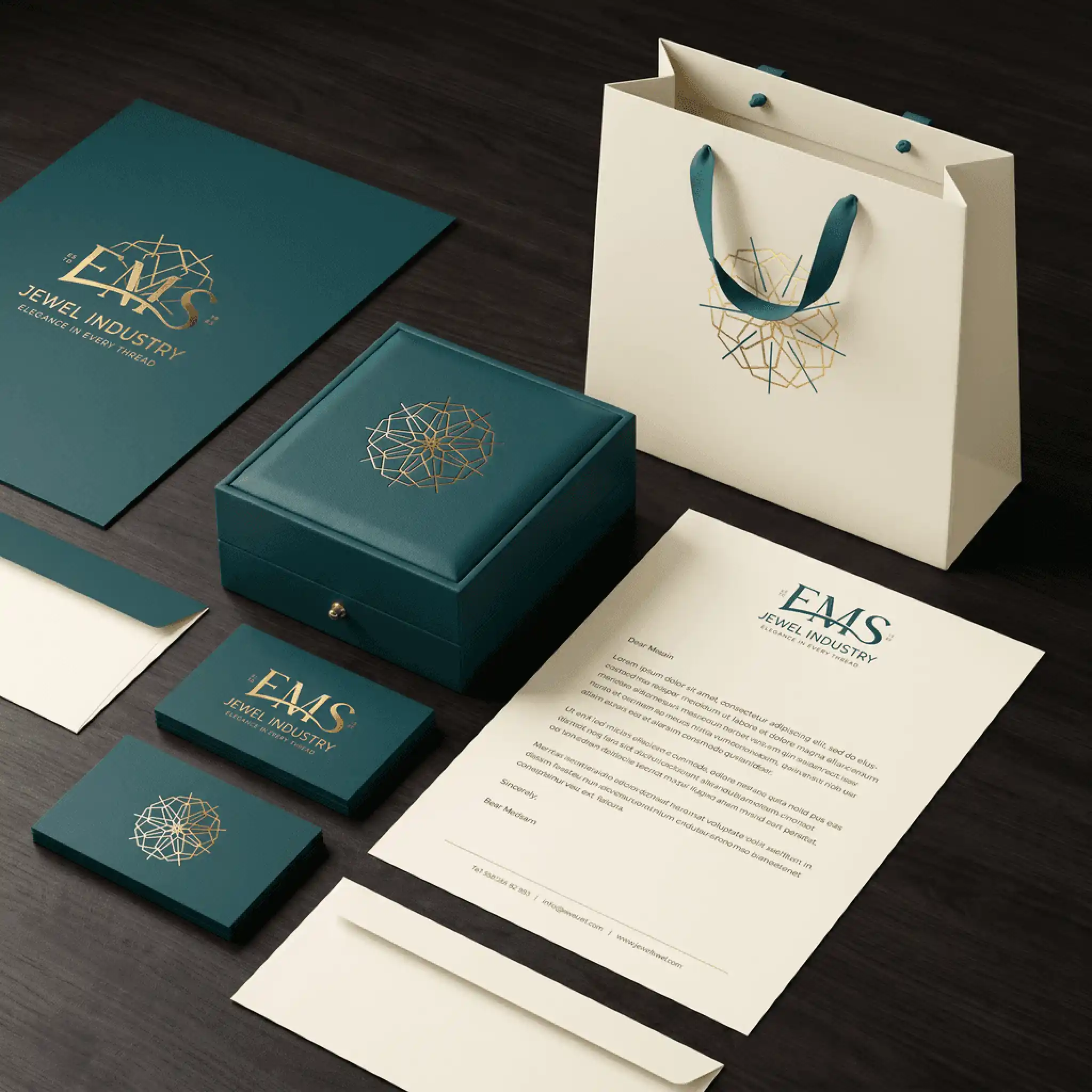 EMS Jewellers premium packaging suite with shopping bag, jewellery box and stationery