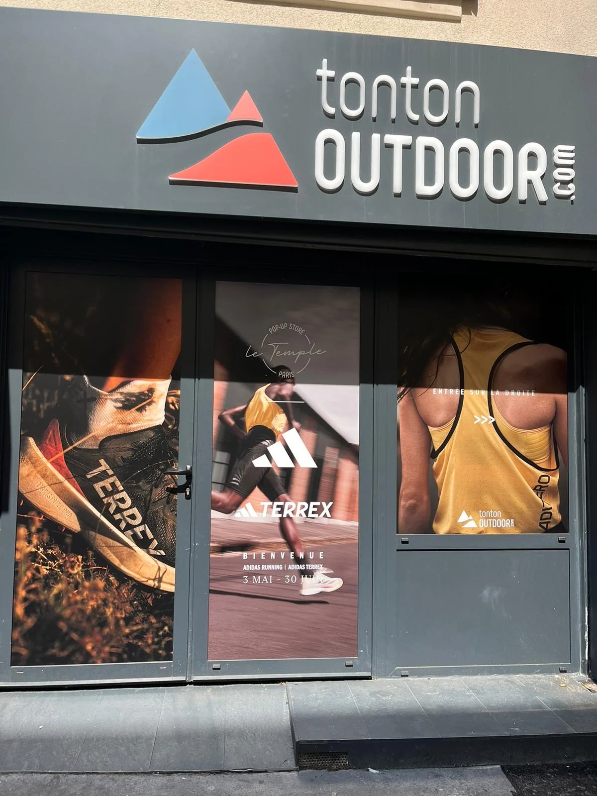 Adidas Terrex pop-up storefront at Tonton Outdoor - product visuals and Terrex logo