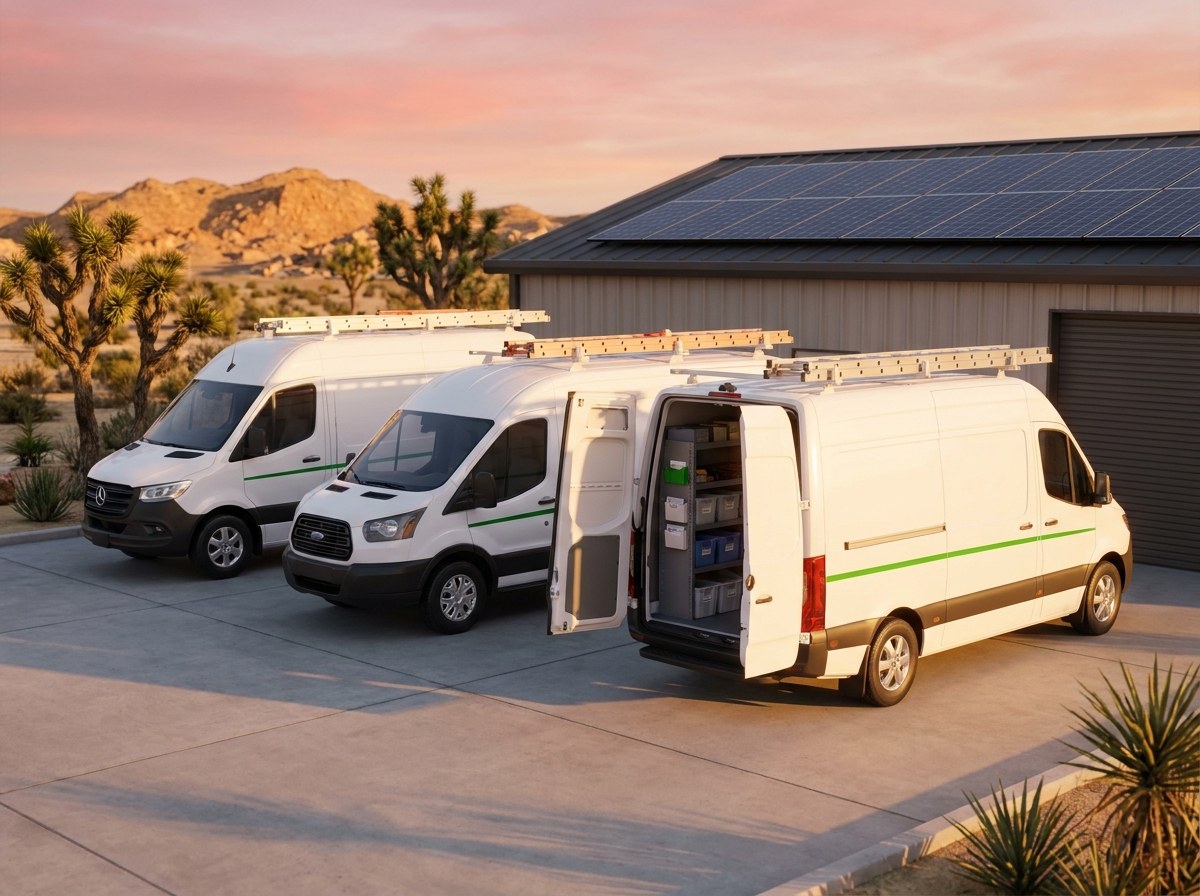 Option One Solar service vans parked at the Apple Valley yard at sunrise