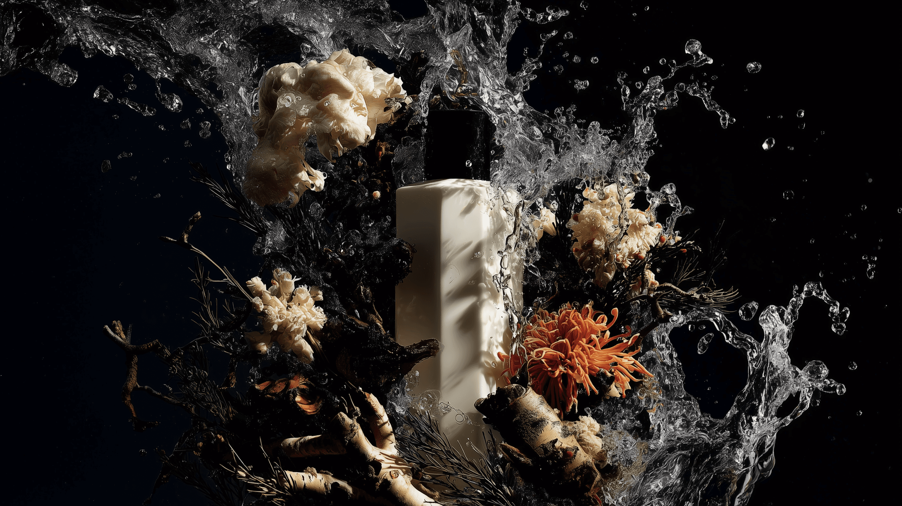Luxurious skincare bottle surrounded by vibrant botanicals and splashing water on a dark background, highlighting freshness and natural ingredients.