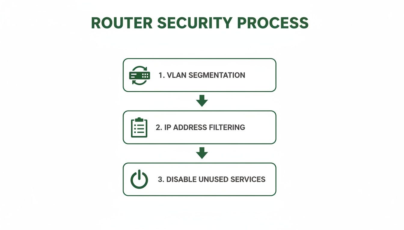 A flowchart outlining the three-step router security process, including VLAN segmentation and IP address filtering.