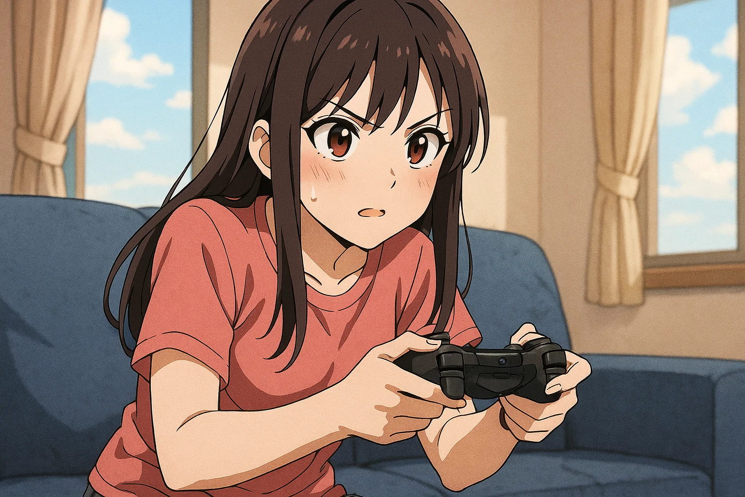 Young girl playing a video game in a japanese anime style.