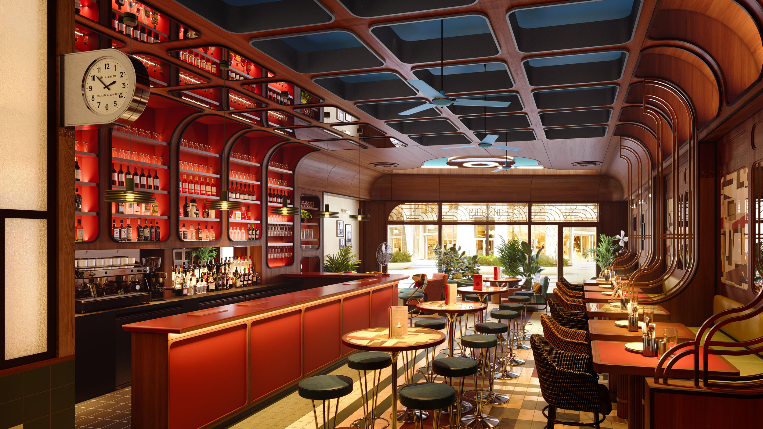Architectural render of a stylish bar interior.
