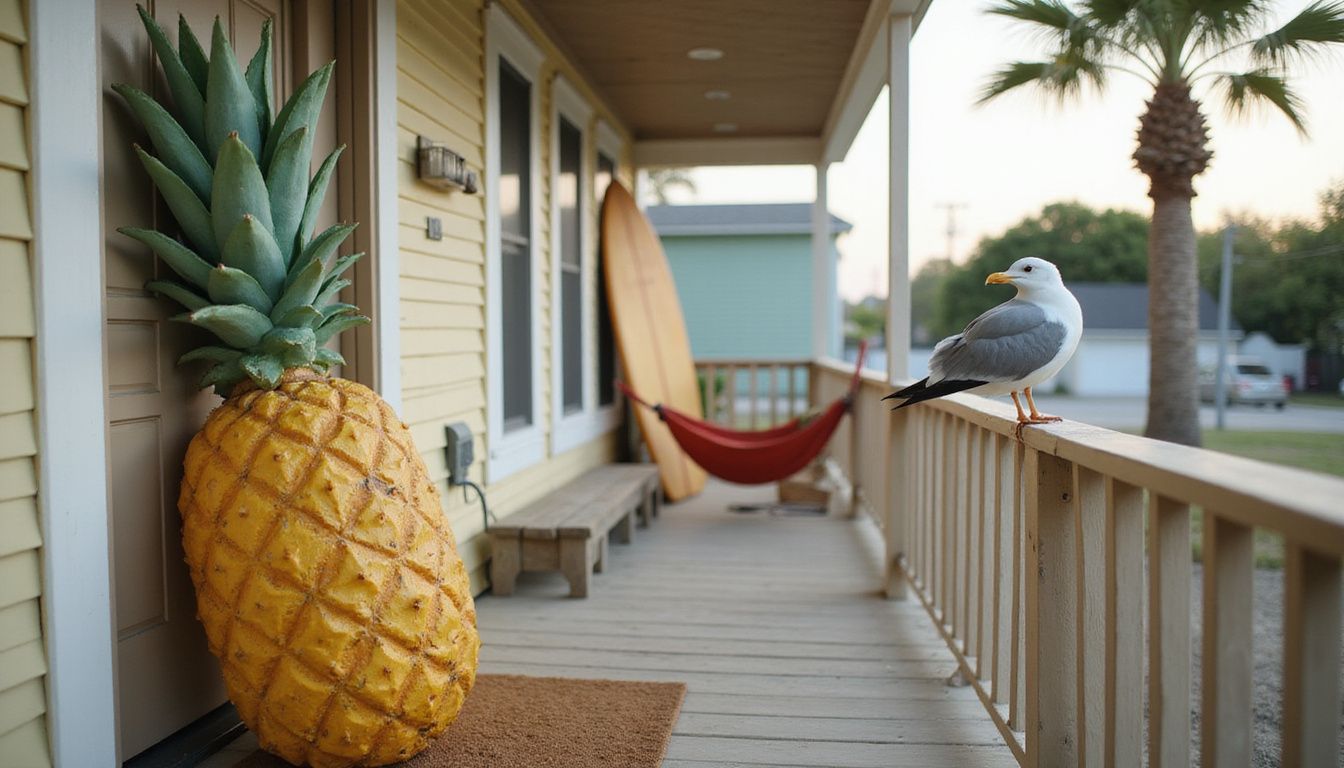 A cozy beachfront bungalow features a quirky pineapple welcome mat and mismatched decor, ideal for a unique family getaway.